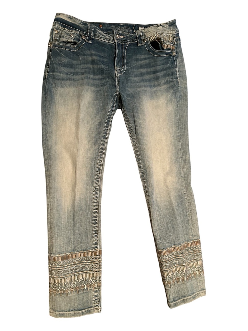 Miss Me Embroidered Hem Washed Blue Skinny Jeans Size 32